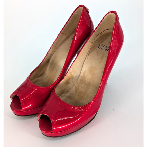 Stuart Weitzman Candy Apple Red Patent Leather Peep Toe Pumps 8M 4.5″ Heel Glam - Picture 8 of 11